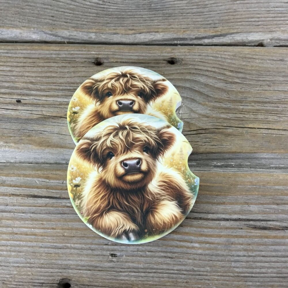 Highland Cow Calf Car Coasters – Set of 2